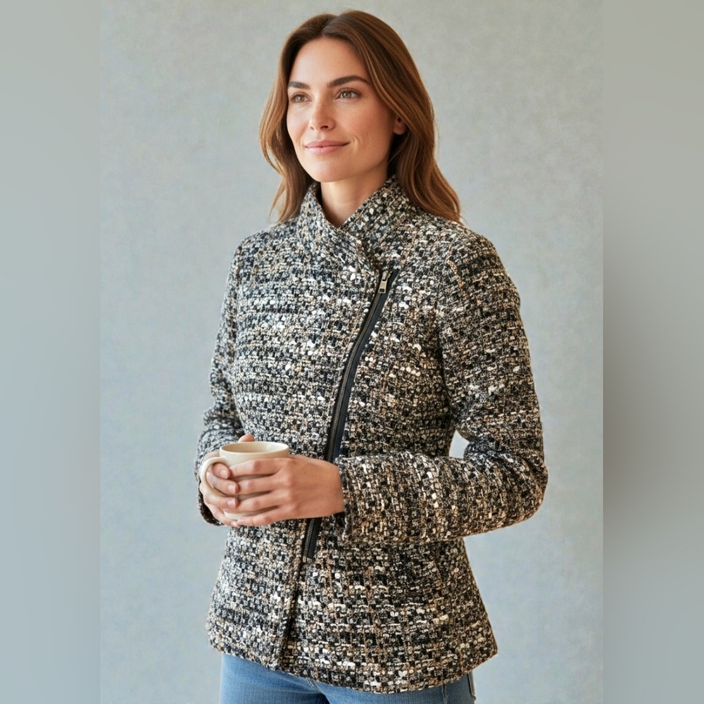 Banana Republic Italian Wool Nabi Textured Zip Jacket Womens M Black Multi Coat